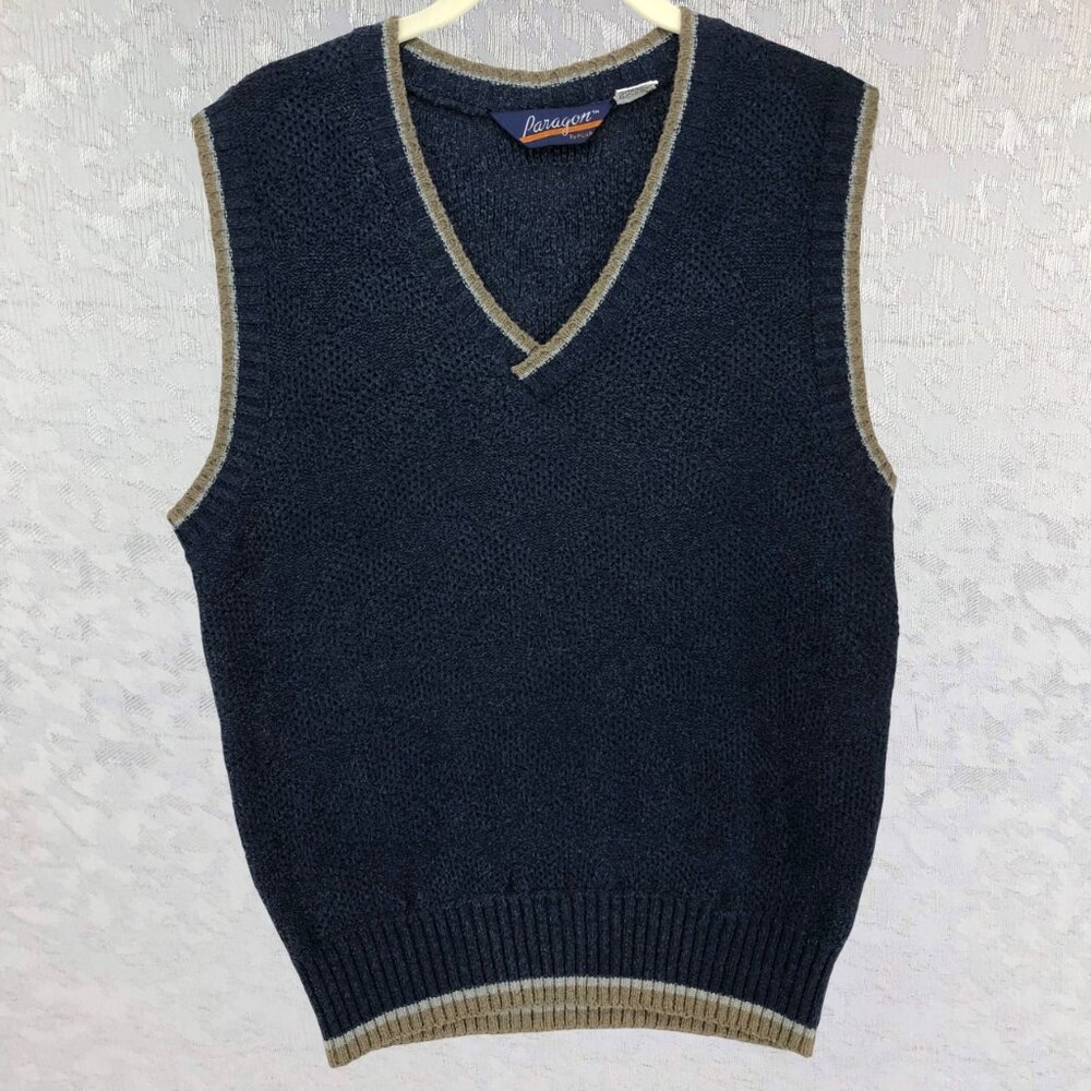 Paragon Vintage Unisex Preppy Sweater Vest Retro Navy Blue Knit V-Neck Size M